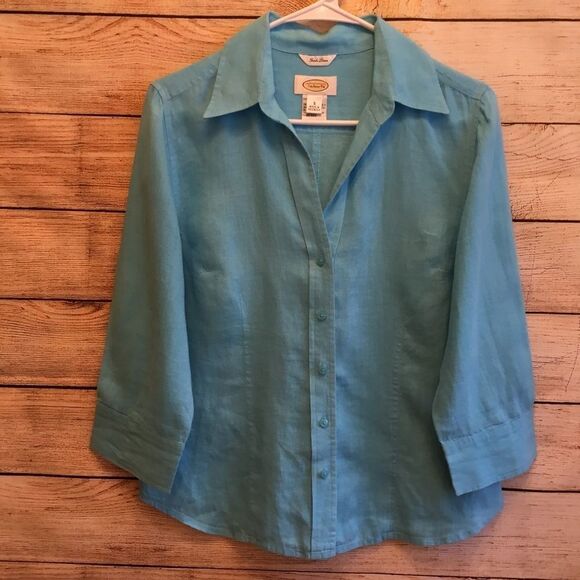 TALBOTS 100% IRISH LINEN TOP IN TURQUOISE - Picture 1 of 5
